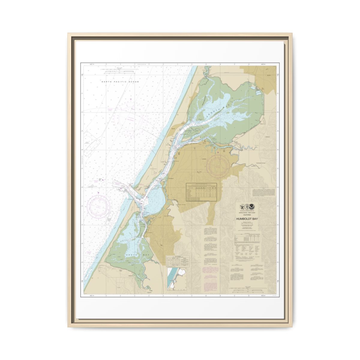 Chart 18622 Humboldt Bay - NOAA Nautical Chart Floating Frame Canvas | 24" x 32" | 30" x 40" - Natural front