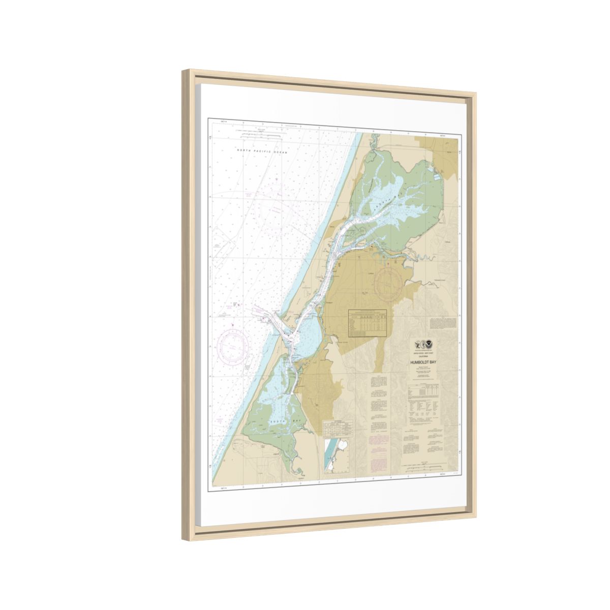 Chart 18622 Humboldt Bay - NOAA Nautical Chart Floating Frame Canvas | 24" x 32" | 30" x 40" - Natural side