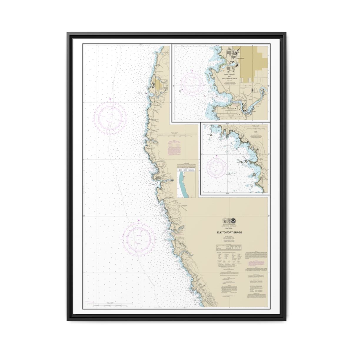 Chart 18626 Elk to Fort Bragg;Fort Bragg and Noyo Anchorage;Elk - NOAA Nautical Chart Floating Frame Canvas | 24" x 32" | 30" x 40" - Black front