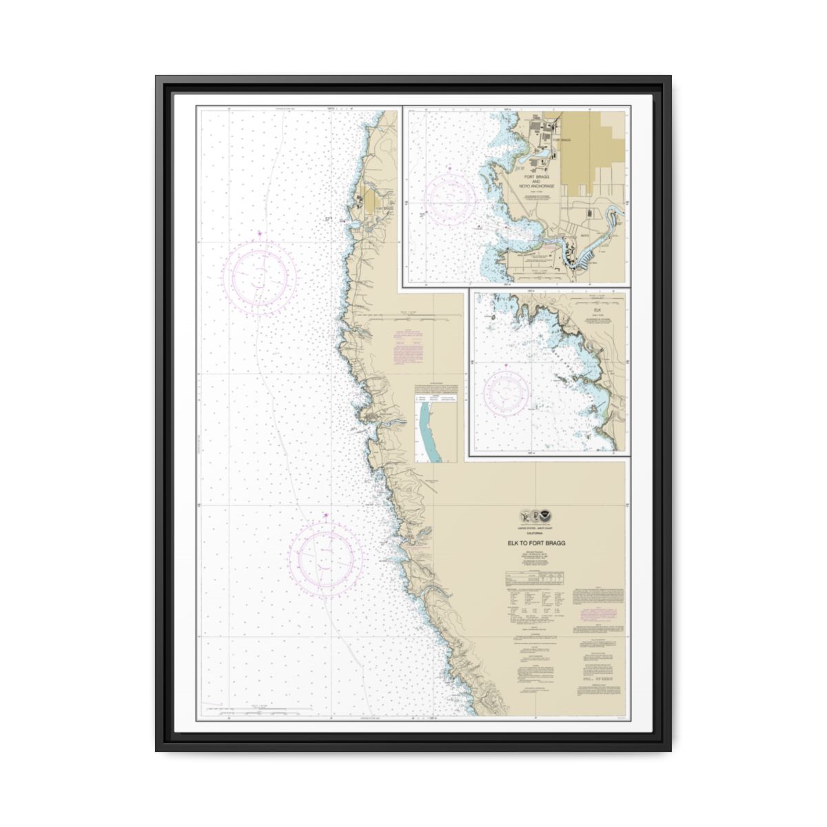 Chart 18626 Elk to Fort Bragg;Fort Bragg and Noyo Anchorage;Elk - NOAA Nautical Chart Floating Frame Canvas | 24" x 32" | 30" x 40" - Black front