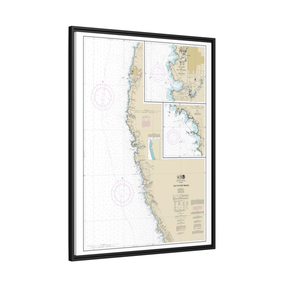 Chart 18626 Elk to Fort Bragg;Fort Bragg and Noyo Anchorage;Elk - NOAA Nautical Chart Floating Frame Canvas | 24" x 32" | 30" x 40" - Black side