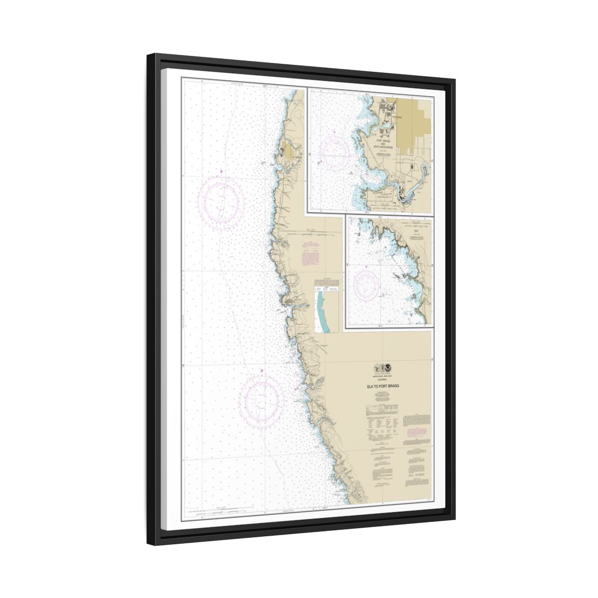 Chart 18626 Elk to Fort Bragg;Fort Bragg and Noyo Anchorage;Elk - NOAA Nautical Chart Floating Frame Canvas | 24" x 32" | 30" x 40" - Black side