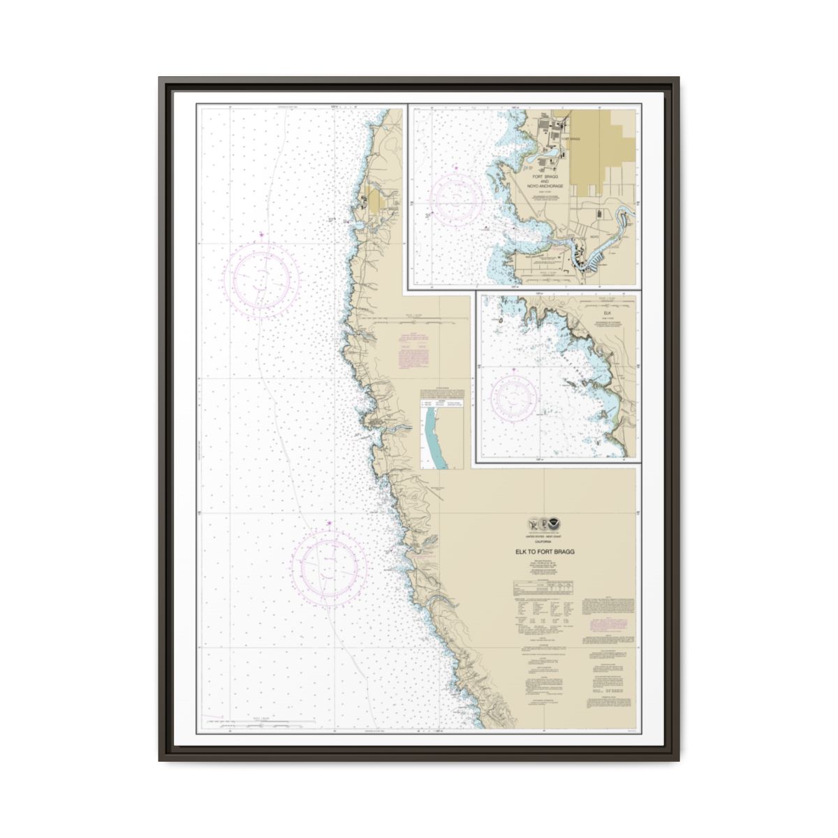 Chart 18626 Elk to Fort Bragg;Fort Bragg and Noyo Anchorage;Elk - NOAA Nautical Chart Floating Frame Canvas | 24" x 32" | 30" x 40" - Espresso front