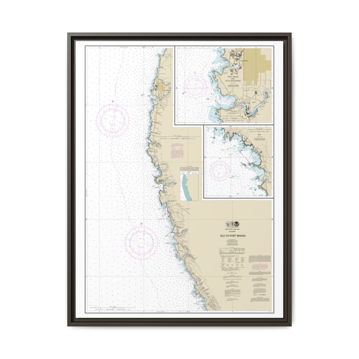Chart 18626 Elk to Fort Bragg;Fort Bragg and Noyo Anchorage;Elk - NOAA Nautical Chart Floating Frame Canvas | 24" x 32" | 30" x 40" - Espresso front