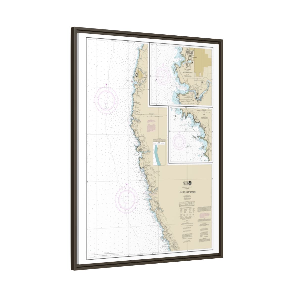 Chart 18626 Elk to Fort Bragg;Fort Bragg and Noyo Anchorage;Elk - NOAA Nautical Chart Floating Frame Canvas | 24" x 32" | 30" x 40" - Espresso side