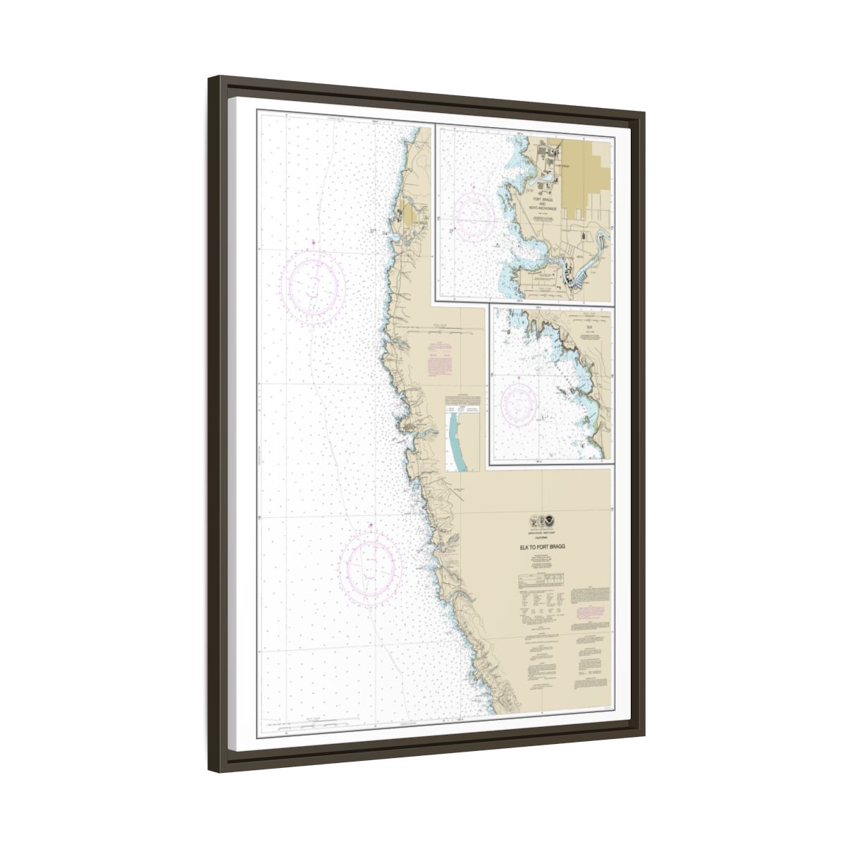 Chart 18626 Elk to Fort Bragg;Fort Bragg and Noyo Anchorage;Elk - NOAA Nautical Chart Floating Frame Canvas | 24" x 32" | 30" x 40" - Espresso side