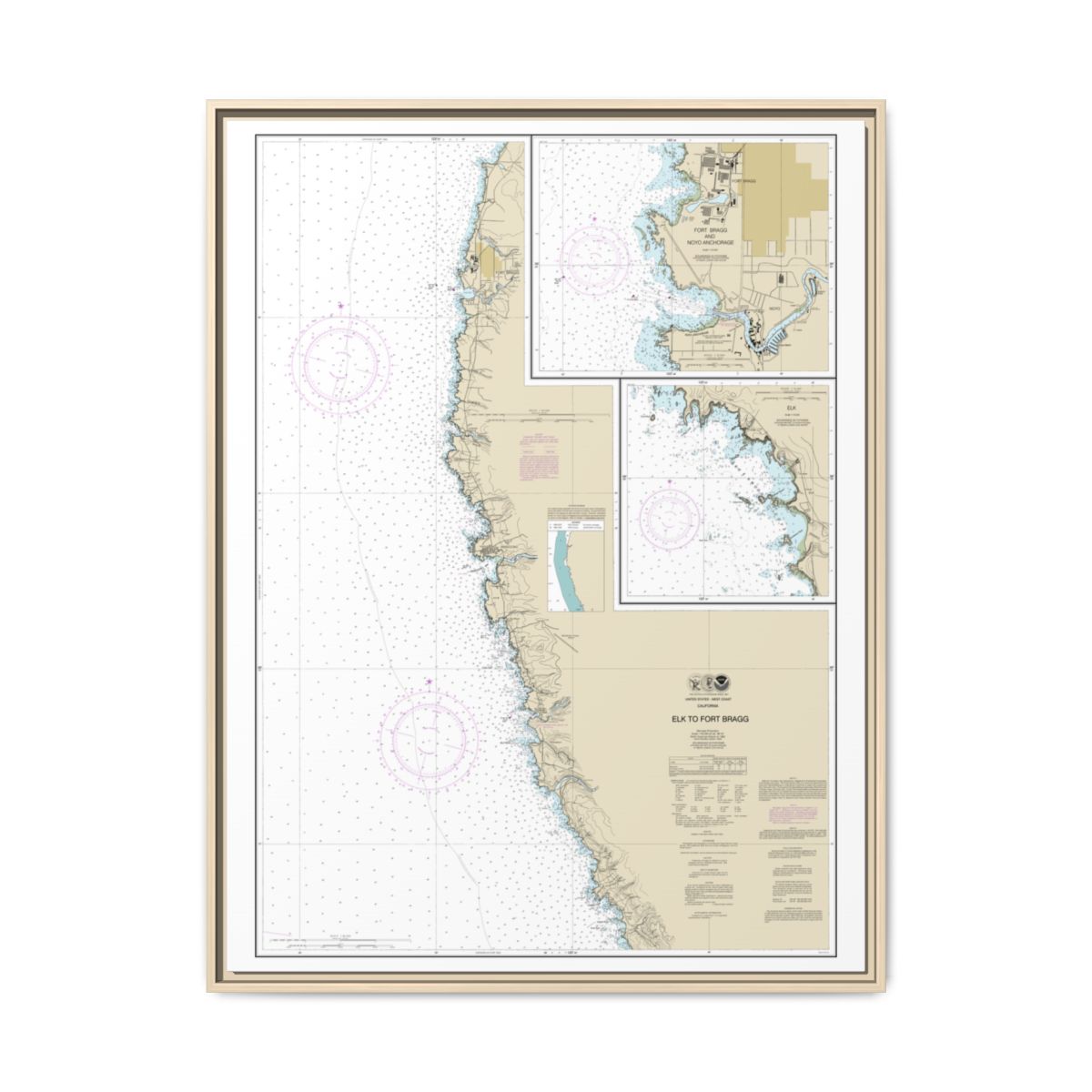 Chart 18626 Elk to Fort Bragg;Fort Bragg and Noyo Anchorage;Elk - NOAA Nautical Chart Floating Frame Canvas | 24" x 32" | 30" x 40" - Natural front