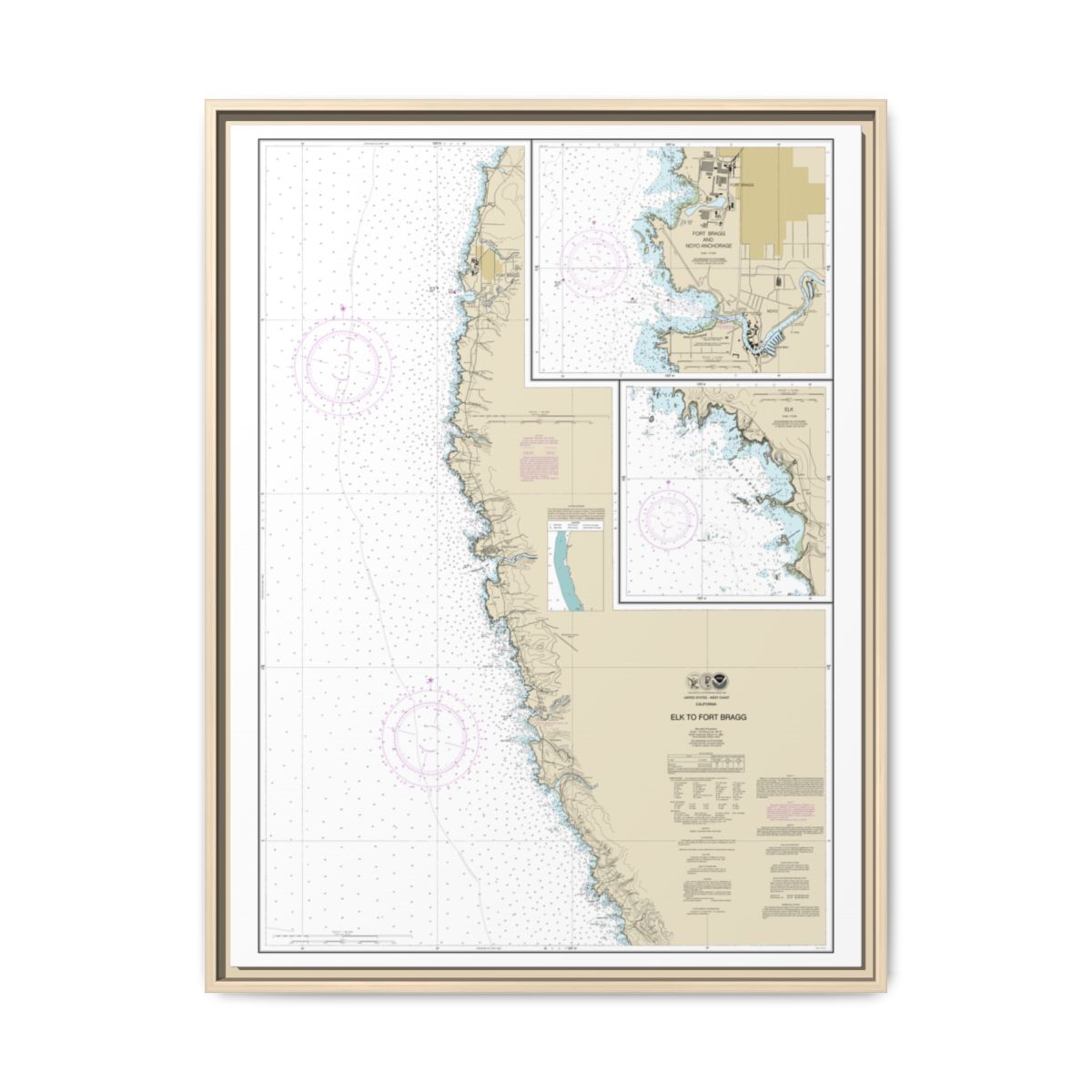 Chart 18626 Elk to Fort Bragg;Fort Bragg and Noyo Anchorage;Elk - NOAA Nautical Chart Floating Frame Canvas | 24" x 32" | 30" x 40" - Natural front