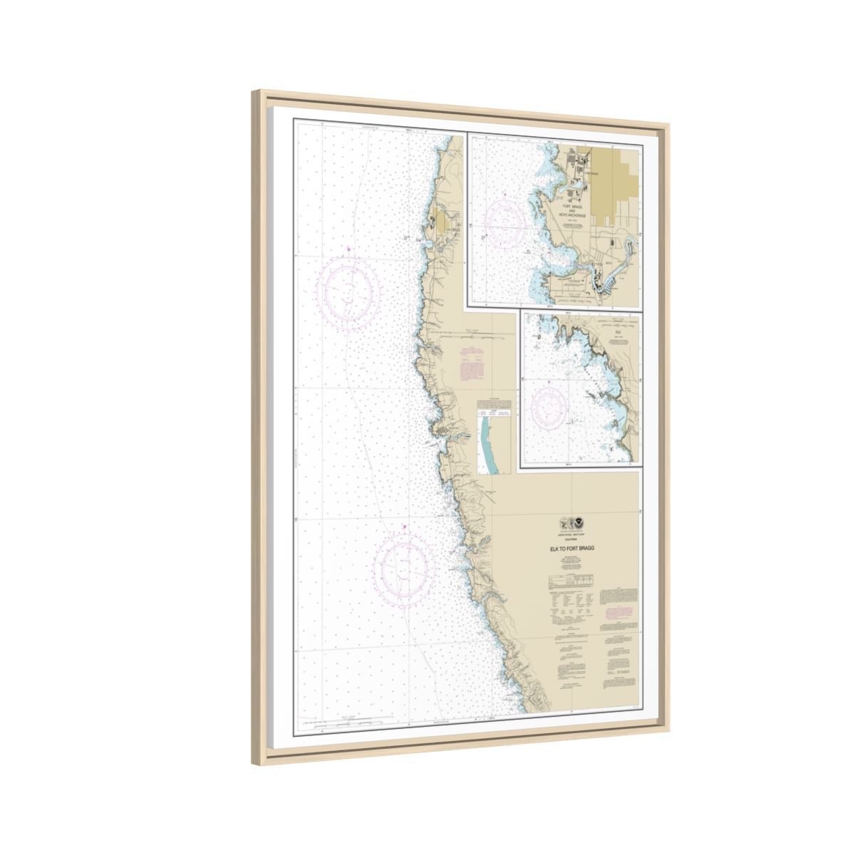 Chart 18626 Elk to Fort Bragg;Fort Bragg and Noyo Anchorage;Elk - NOAA Nautical Chart Floating Frame Canvas | 24" x 32" | 30" x 40" - Natural side