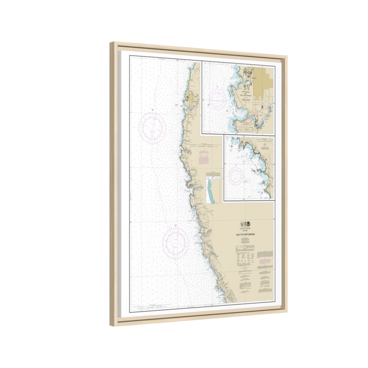 Chart 18626 Elk to Fort Bragg;Fort Bragg and Noyo Anchorage;Elk - NOAA Nautical Chart Floating Frame Canvas | 24" x 32" | 30" x 40" - Natural side