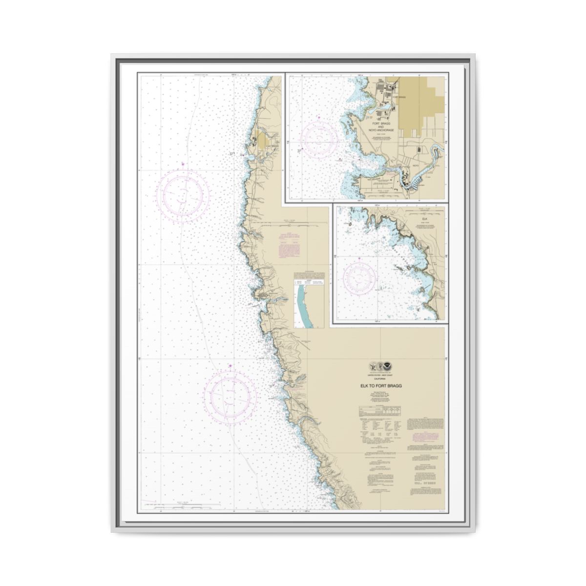 Chart 18626 Elk to Fort Bragg;Fort Bragg and Noyo Anchorage;Elk - NOAA Nautical Chart Floating Frame Canvas | 24" x 32" | 30" x 40" - White front