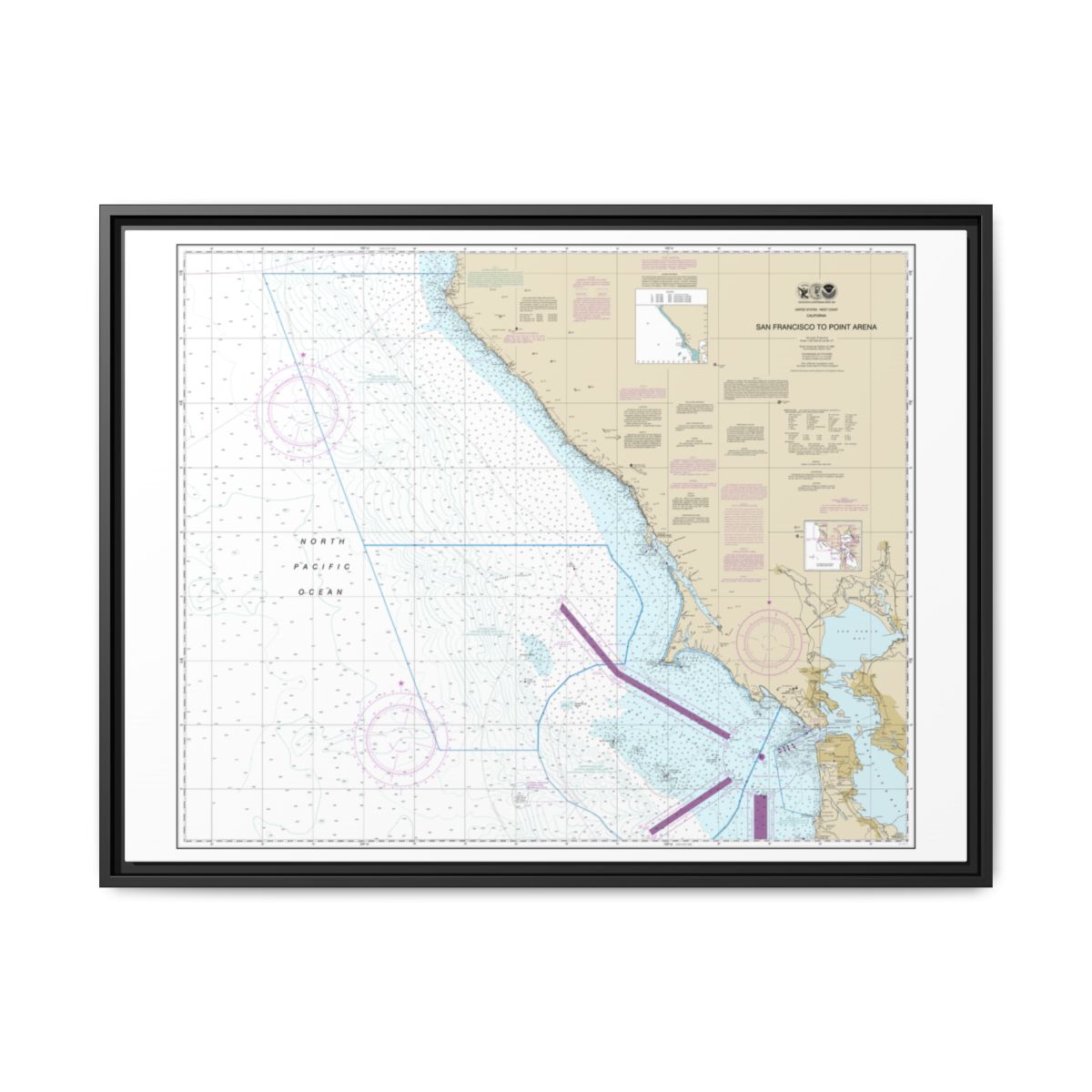 Chart 18640 San Francisco to Point Arena - NOAA Nautical Chart Floating Frame Canvas | 32" x 24" | 40" x 30" - Black front