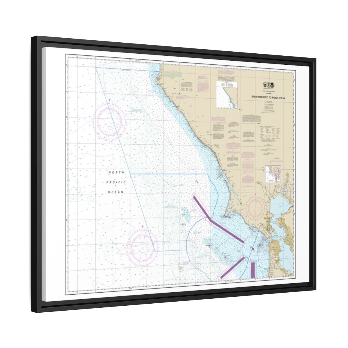 Chart 18640 San Francisco to Point Arena - NOAA Nautical Chart Floating Frame Canvas | 32" x 24" | 40" x 30" - Black side