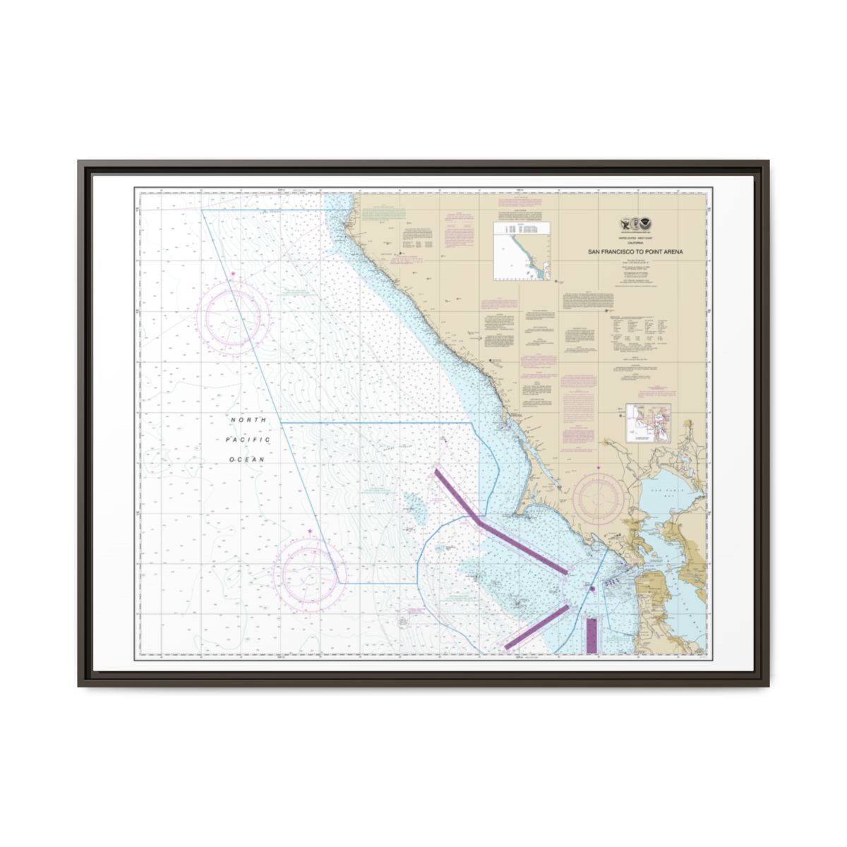 Chart 18640 San Francisco to Point Arena - NOAA Nautical Chart Floating Frame Canvas | 32" x 24" | 40" x 30" - Espresso front
