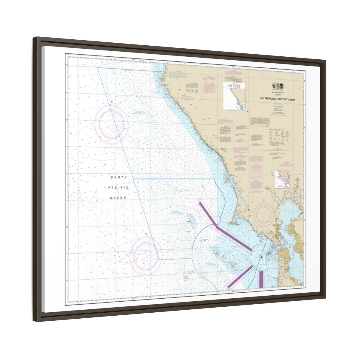 Chart 18640 San Francisco to Point Arena - NOAA Nautical Chart Floating Frame Canvas | 32" x 24" | 40" x 30" - Espresso side