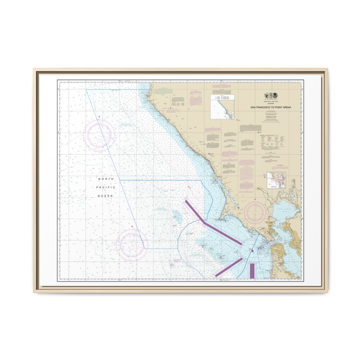 Chart 18640 San Francisco to Point Arena - NOAA Nautical Chart Floating Frame Canvas | 32" x 24" | 40" x 30" - Natural front