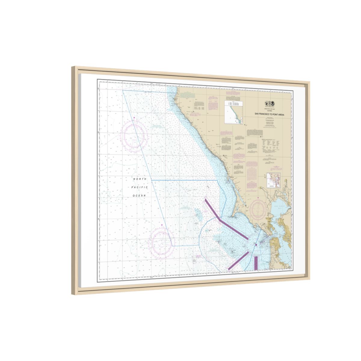 Chart 18640 San Francisco to Point Arena - NOAA Nautical Chart Floating Frame Canvas | 32" x 24" | 40" x 30" - Natural side