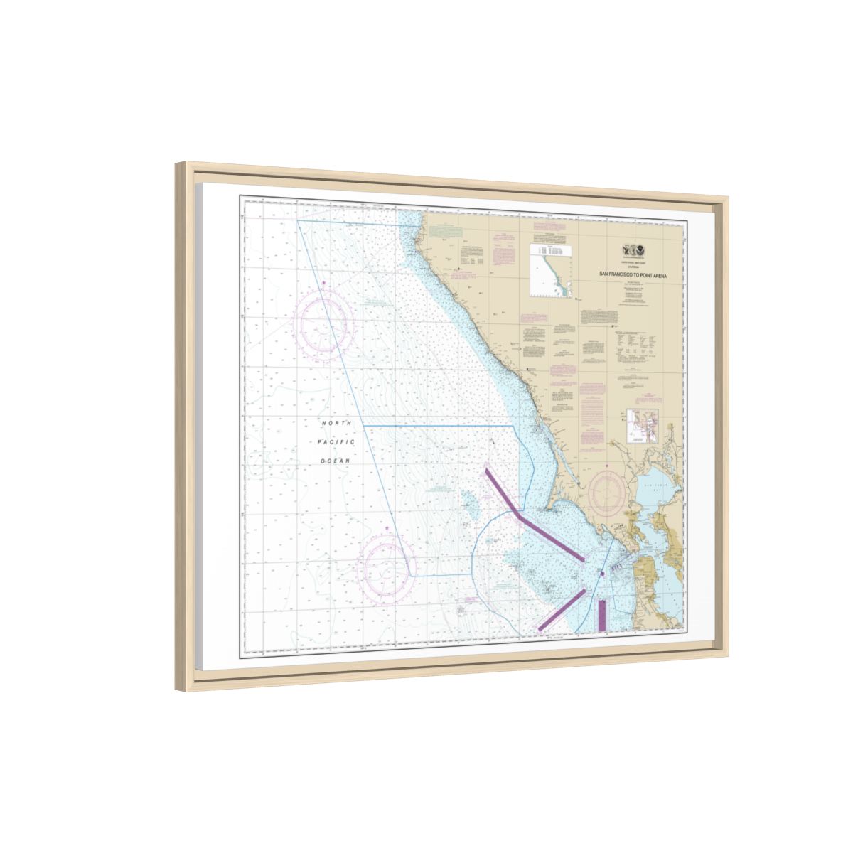 Chart 18640 San Francisco to Point Arena - NOAA Nautical Chart Floating Frame Canvas | 32" x 24" | 40" x 30" - Natural side