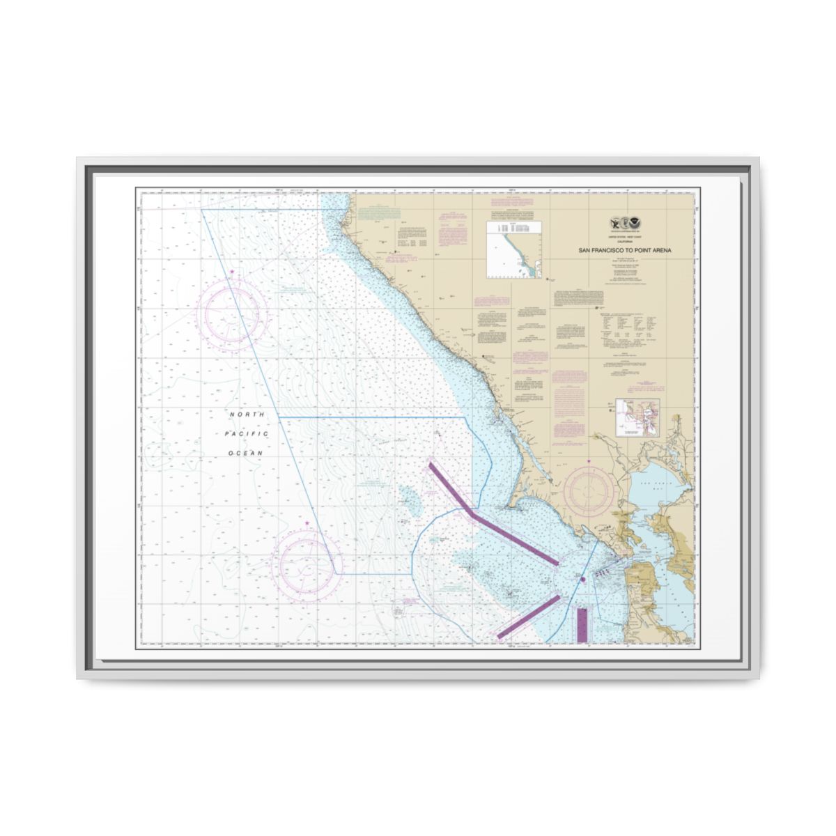 Chart 18640 San Francisco to Point Arena - NOAA Nautical Chart Floating Frame Canvas | 32" x 24" | 40" x 30" - White front