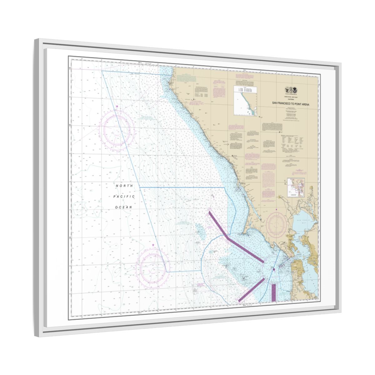 Chart 18640 San Francisco to Point Arena - NOAA Nautical Chart Floating Frame Canvas | 32" x 24" | 40" x 30" - White side