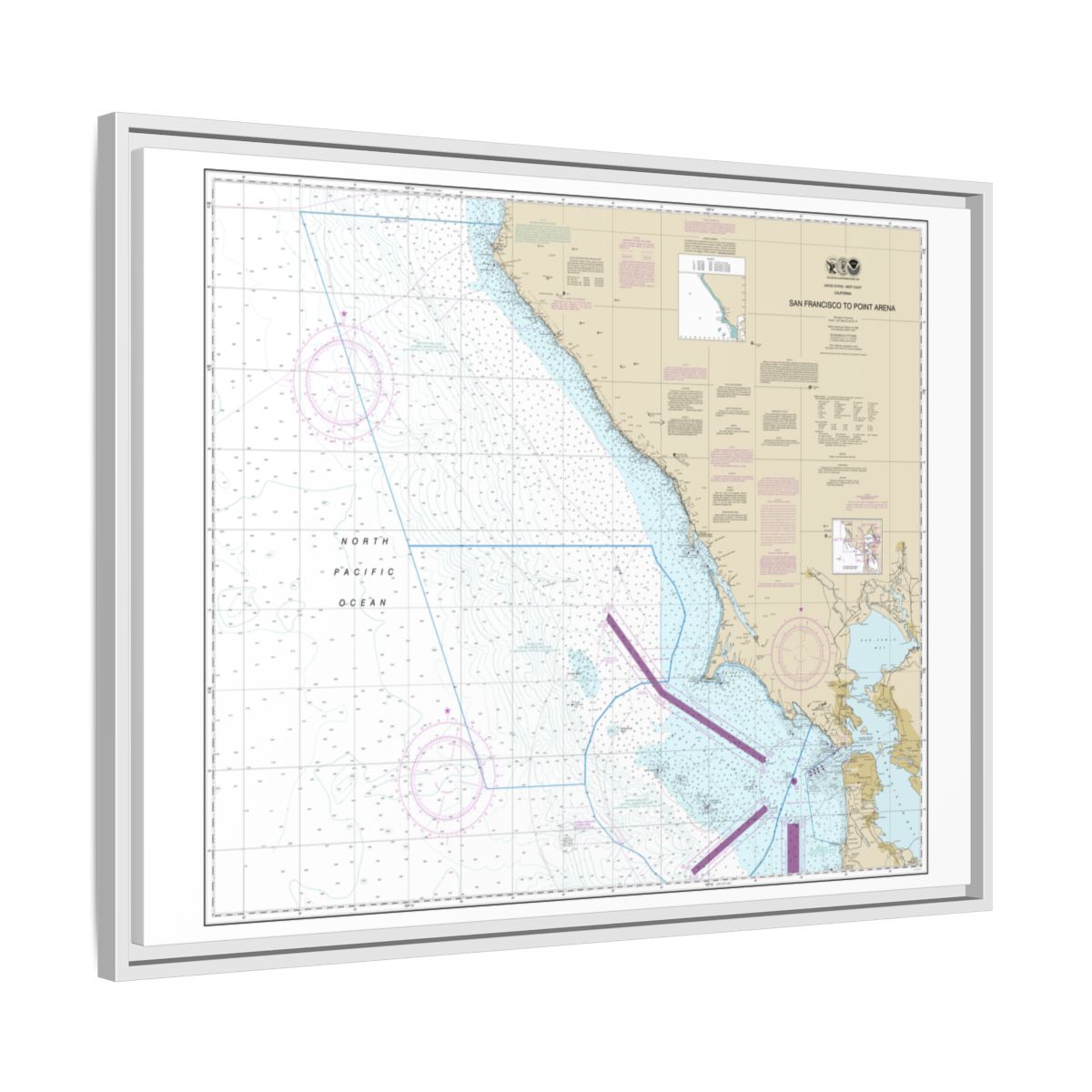 Chart 18640 San Francisco to Point Arena - NOAA Nautical Chart Floating Frame Canvas | 32" x 24" | 40" x 30" - White side