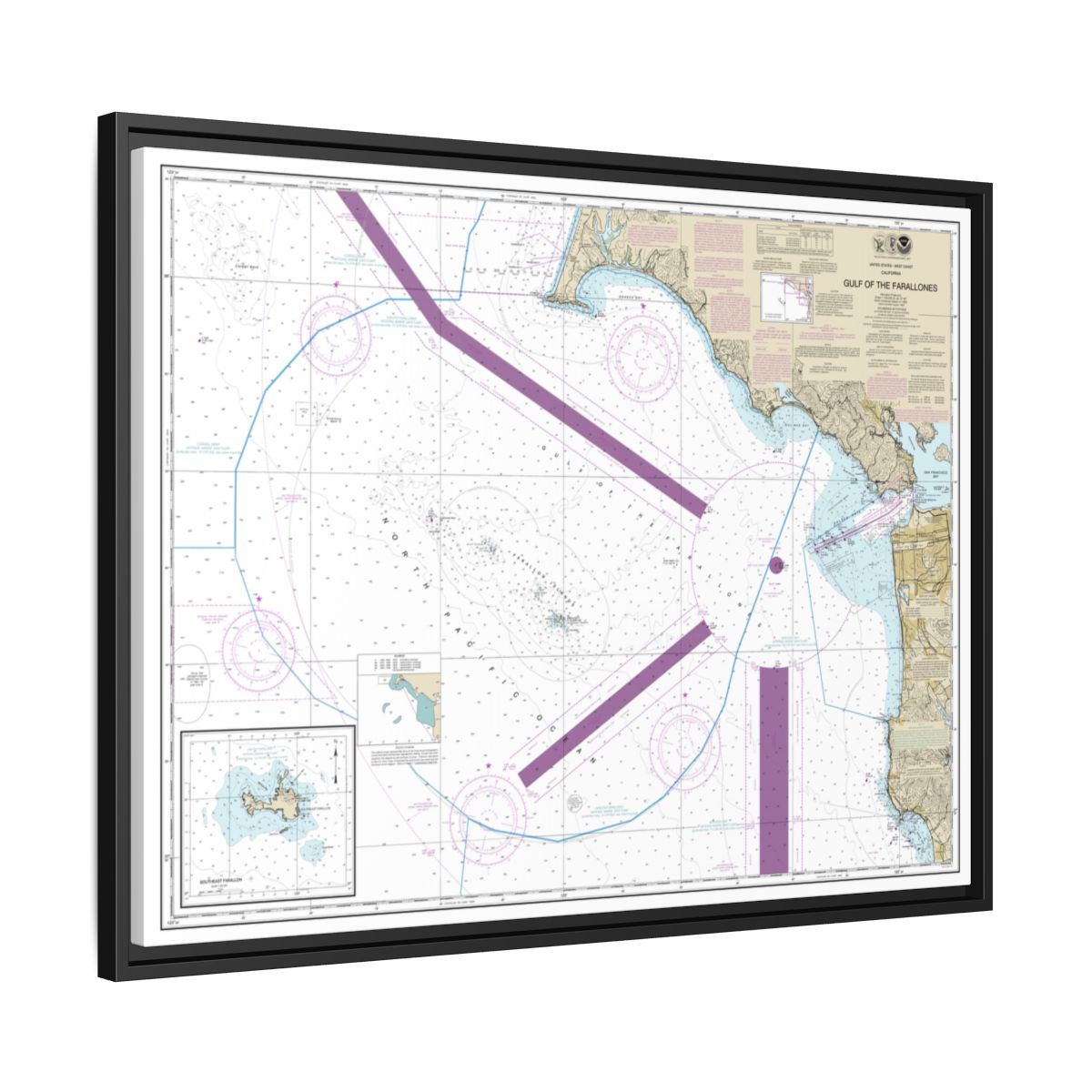 Chart 18645 Gulf of the Farallones;Southeast Farallon - NOAA Nautical Chart Floating Frame Canvas | 32" x 24" | 40" x 30" - Black side