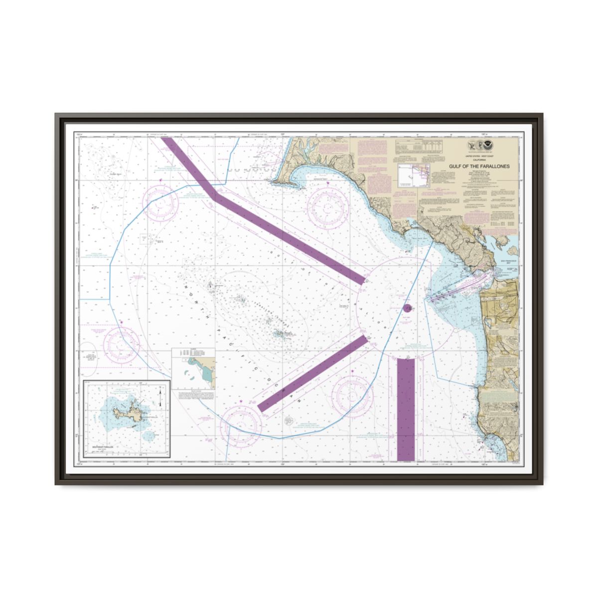 Chart 18645 Gulf of the Farallones;Southeast Farallon - NOAA Nautical Chart Floating Frame Canvas | 32" x 24" | 40" x 30" - Espresso front