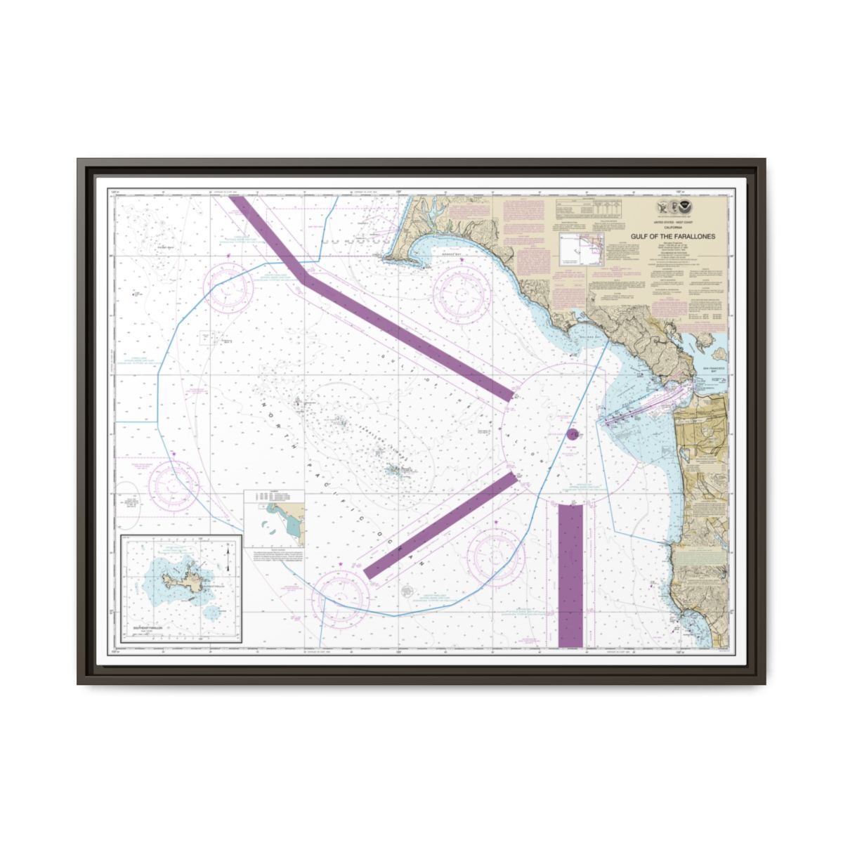 Chart 18645 Gulf of the Farallones;Southeast Farallon - NOAA Nautical Chart Floating Frame Canvas | 32" x 24" | 40" x 30" - Espresso front