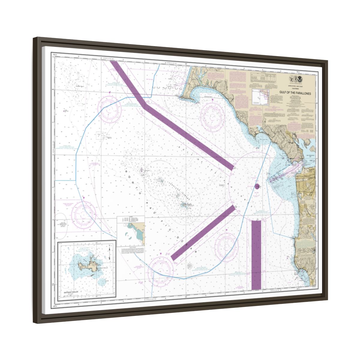 Chart 18645 Gulf of the Farallones;Southeast Farallon - NOAA Nautical Chart Floating Frame Canvas | 32" x 24" | 40" x 30" - Espresso side