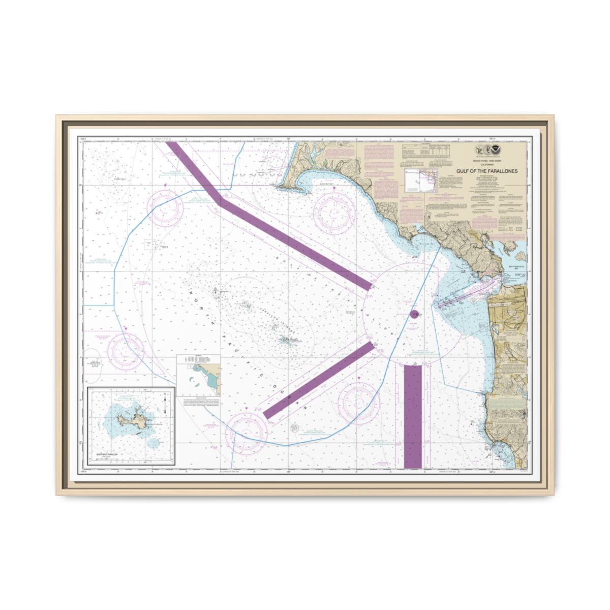 Chart 18645 Gulf of the Farallones;Southeast Farallon - NOAA Nautical Chart Floating Frame Canvas | 32" x 24" | 40" x 30" - Natural front