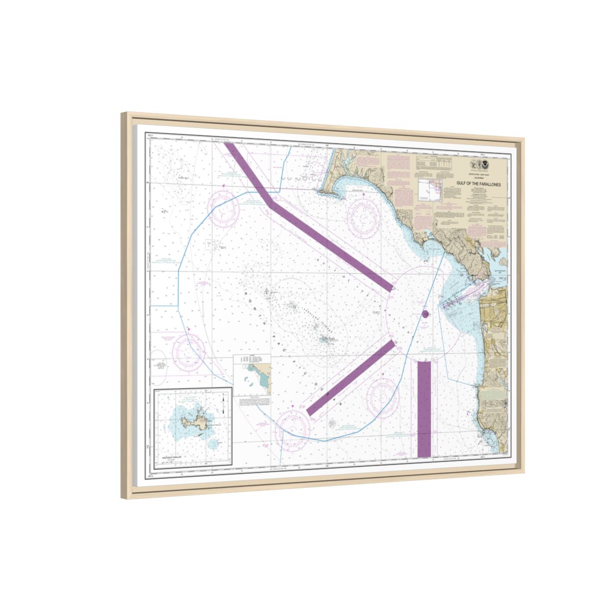 Chart 18645 Gulf of the Farallones;Southeast Farallon - NOAA Nautical Chart Floating Frame Canvas | 32" x 24" | 40" x 30" - Natural side