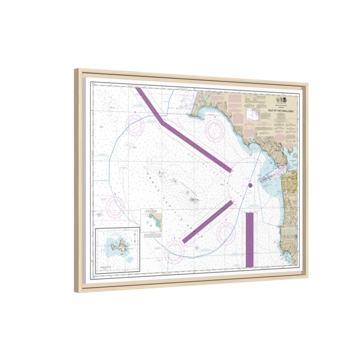 Chart 18645 Gulf of the Farallones;Southeast Farallon - NOAA Nautical Chart Floating Frame Canvas | 32" x 24" | 40" x 30" - Natural side