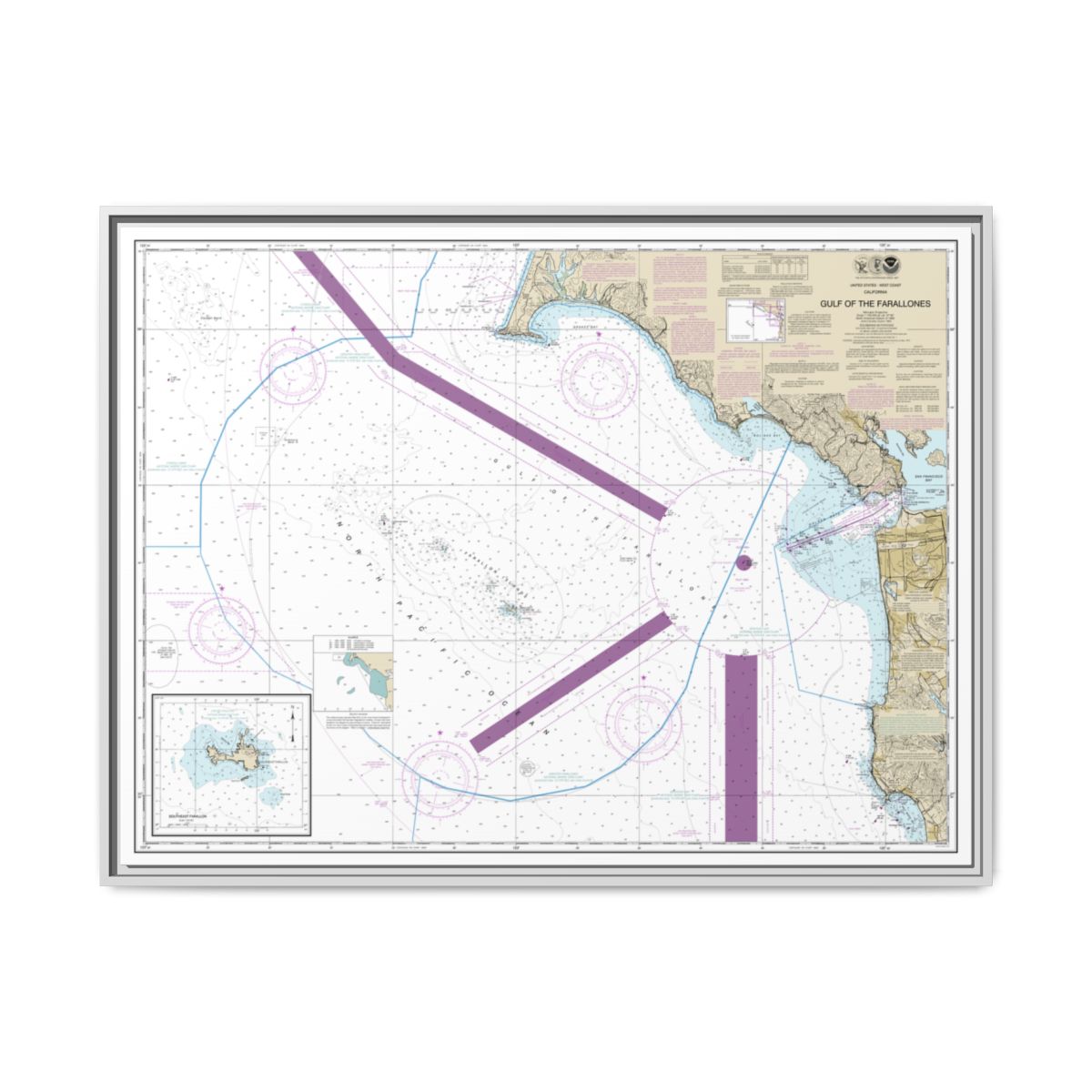 Chart 18645 Gulf of the Farallones;Southeast Farallon - NOAA Nautical Chart Floating Frame Canvas | 32" x 24" | 40" x 30" - White front
