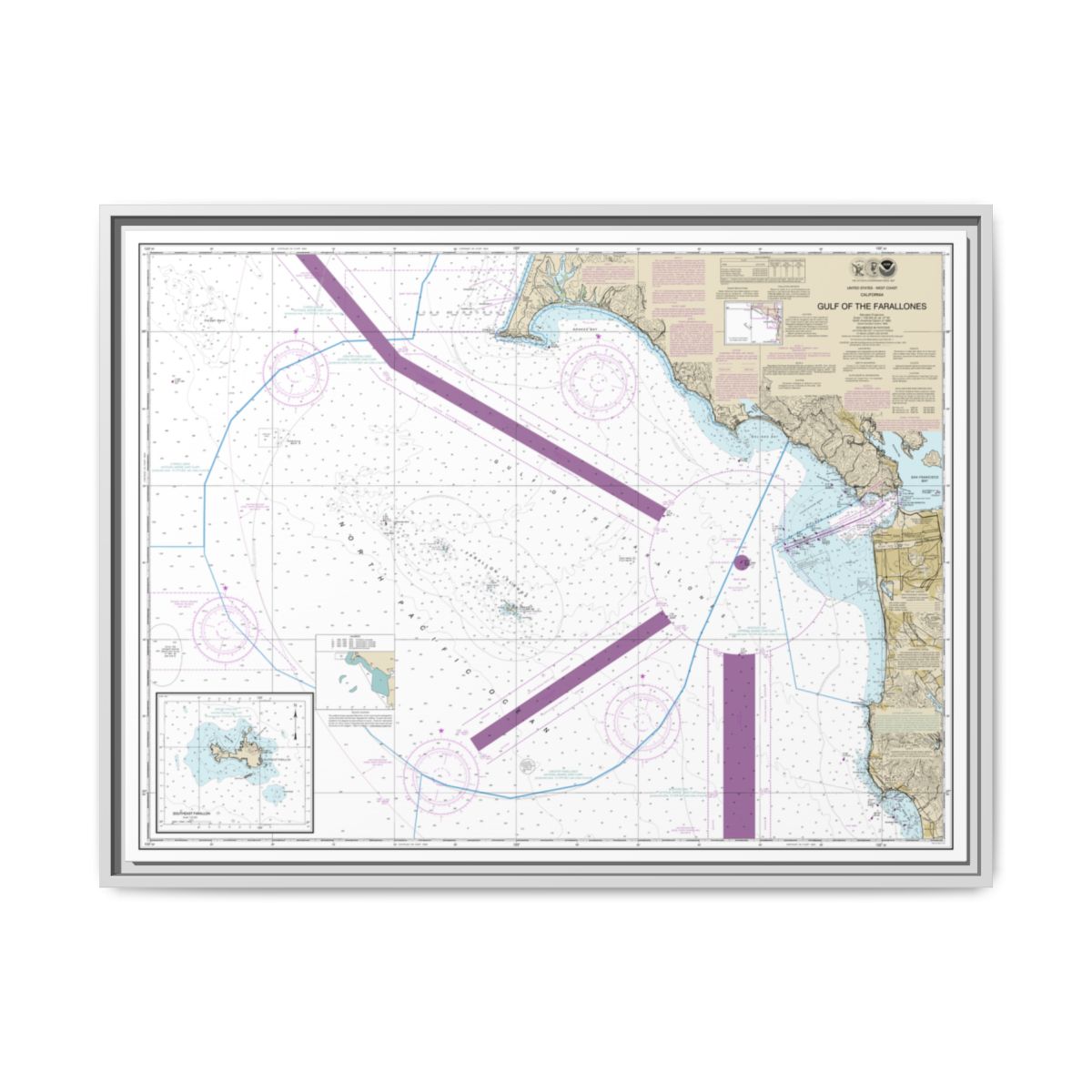 Chart 18645 Gulf of the Farallones;Southeast Farallon - NOAA Nautical Chart Floating Frame Canvas | 32" x 24" | 40" x 30" - White front