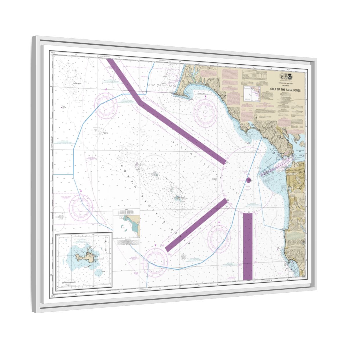 Chart 18645 Gulf of the Farallones;Southeast Farallon - NOAA Nautical Chart Floating Frame Canvas | 32" x 24" | 40" x 30" - White side