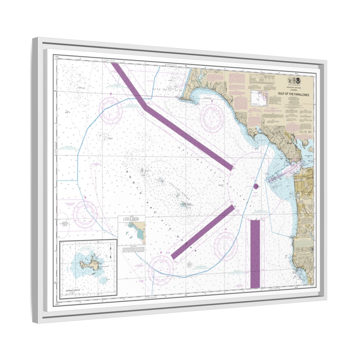 Chart 18645 Gulf of the Farallones;Southeast Farallon - NOAA Nautical Chart Floating Frame Canvas | 32" x 24" | 40" x 30" - White side