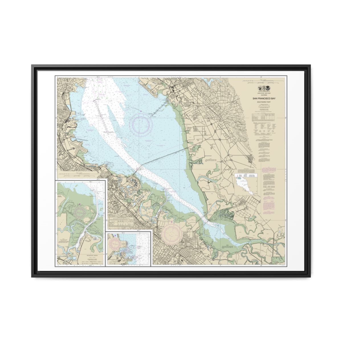 Chart 18651 San Francisco Bay-southern part;Redwood Creek.;Oyster Point - NOAA Nautical Chart Floating Frame Canvas | 32" x 24" | 40" x 30" - Black front