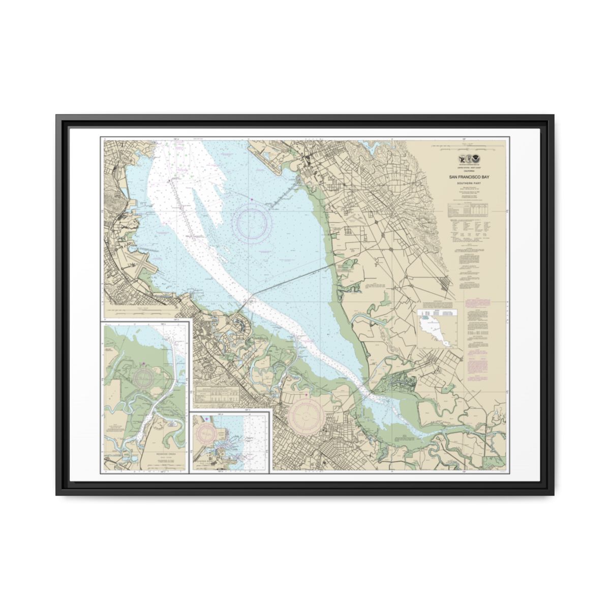 Chart 18651 San Francisco Bay-southern part;Redwood Creek.;Oyster Point - NOAA Nautical Chart Floating Frame Canvas | 32" x 24" | 40" x 30" - Black front