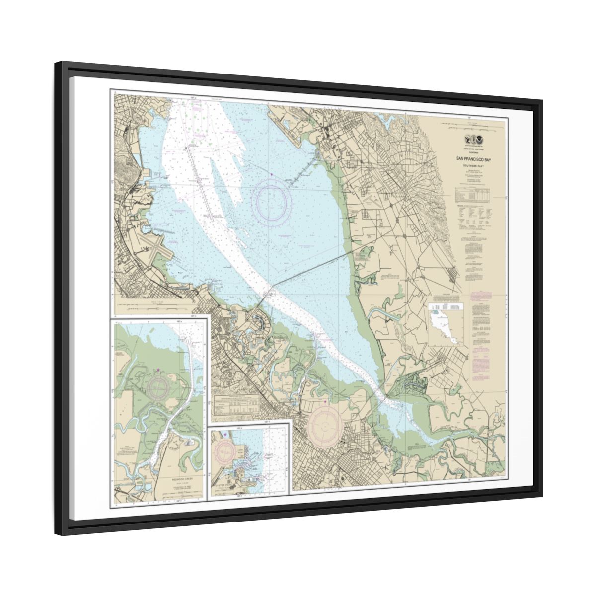 Chart 18651 San Francisco Bay-southern part;Redwood Creek.;Oyster Point - NOAA Nautical Chart Floating Frame Canvas | 32" x 24" | 40" x 30" - Black side