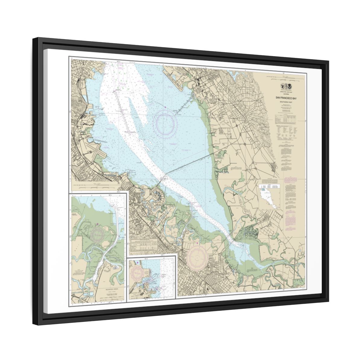 Chart 18651 San Francisco Bay-southern part;Redwood Creek.;Oyster Point - NOAA Nautical Chart Floating Frame Canvas | 32" x 24" | 40" x 30" - Black side