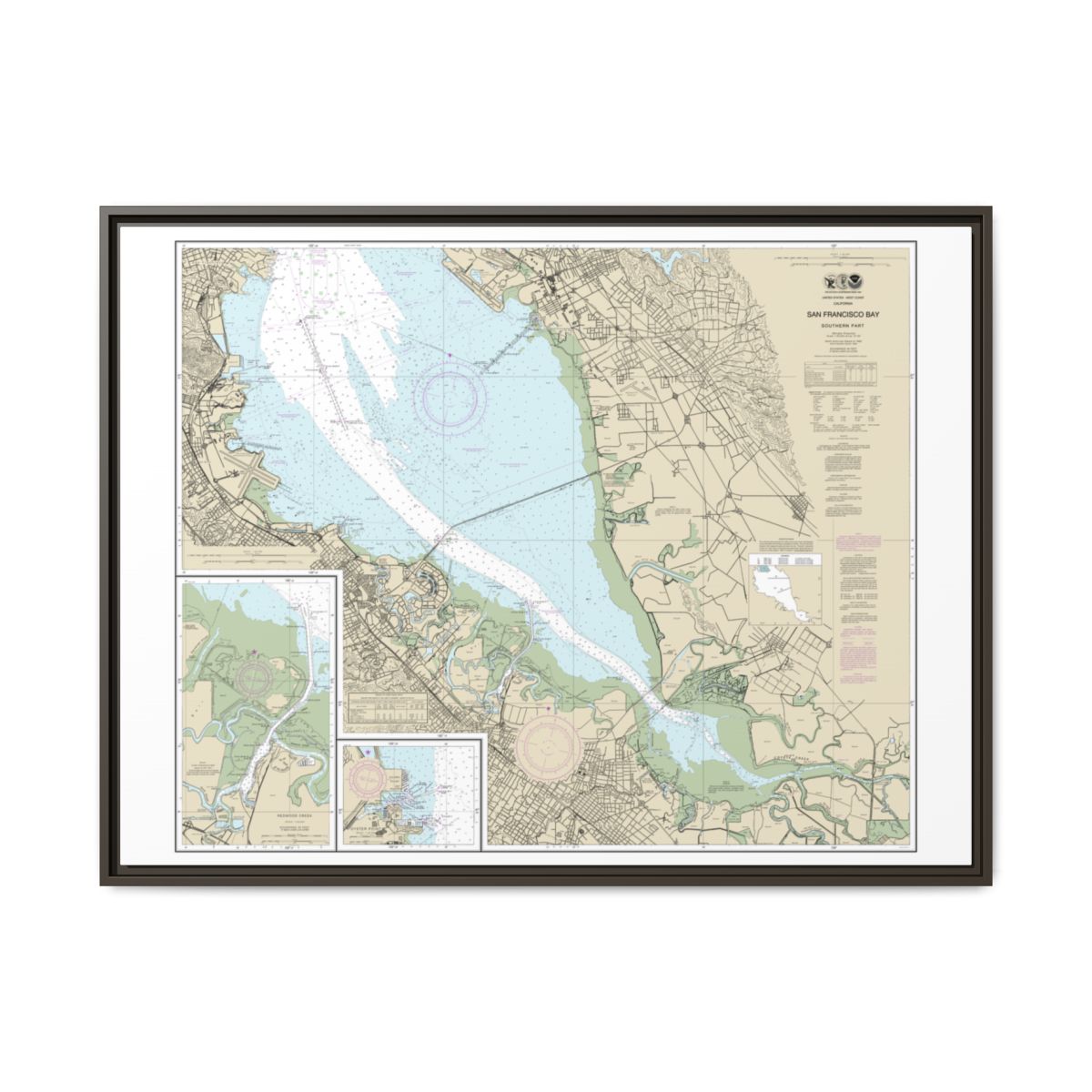 Chart 18651 San Francisco Bay-southern part;Redwood Creek.;Oyster Point - NOAA Nautical Chart Floating Frame Canvas | 32" x 24" | 40" x 30" - Espresso front