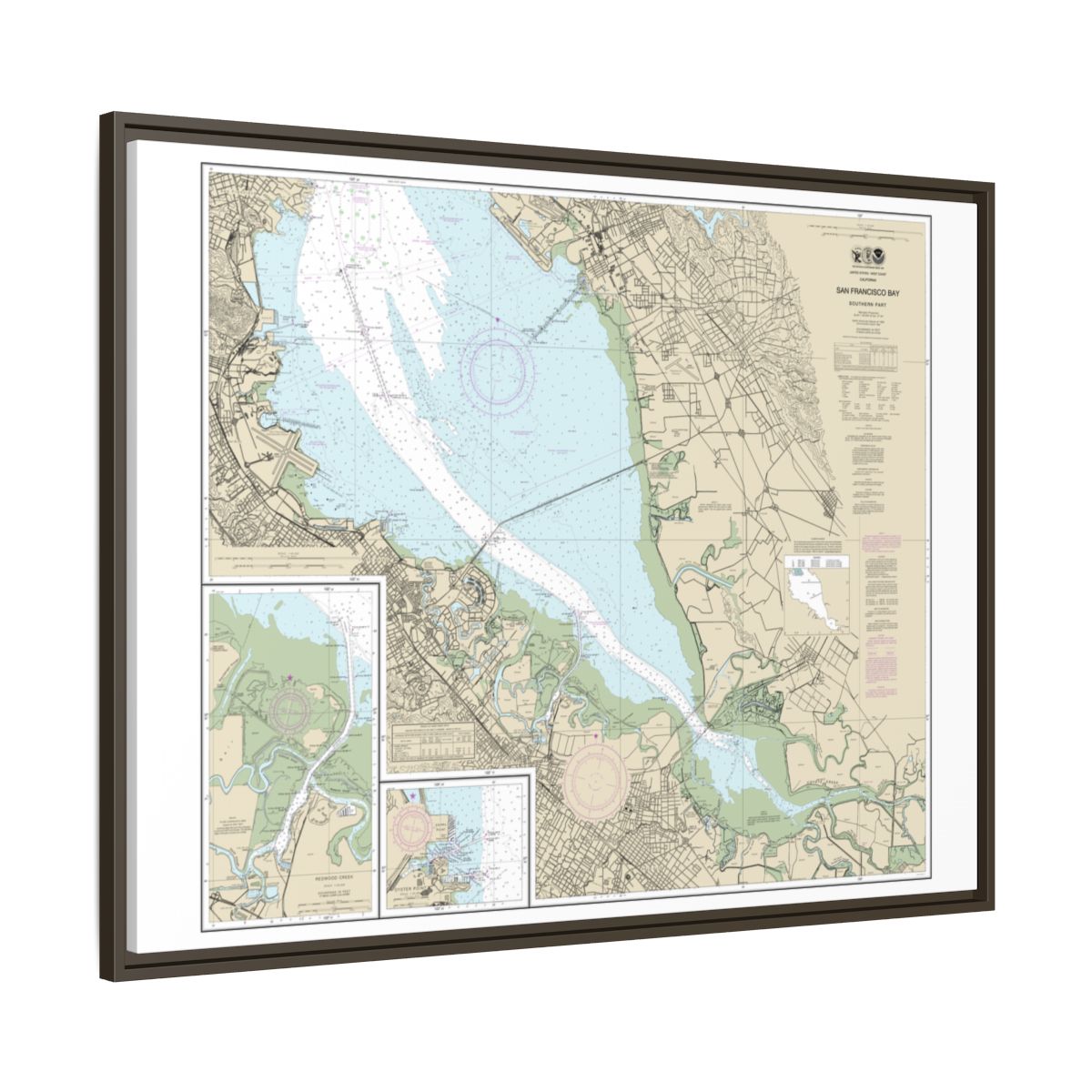 Chart 18651 San Francisco Bay-southern part;Redwood Creek.;Oyster Point - NOAA Nautical Chart Floating Frame Canvas | 32" x 24" | 40" x 30" - Espresso side