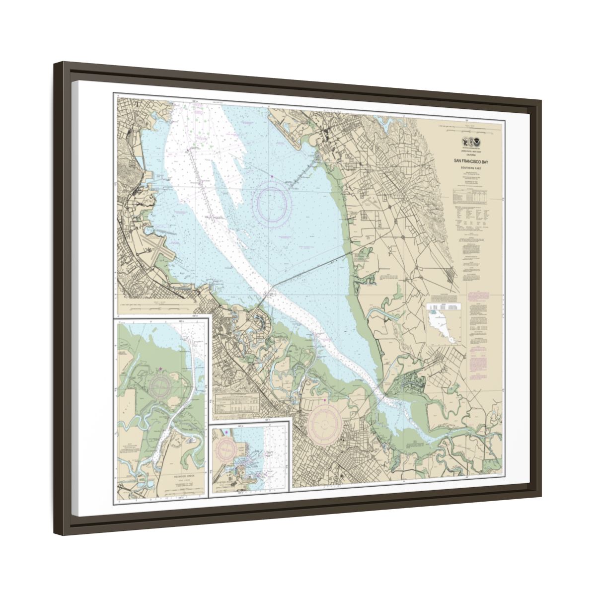 Chart 18651 San Francisco Bay-southern part;Redwood Creek.;Oyster Point - NOAA Nautical Chart Floating Frame Canvas | 32" x 24" | 40" x 30" - Espresso side