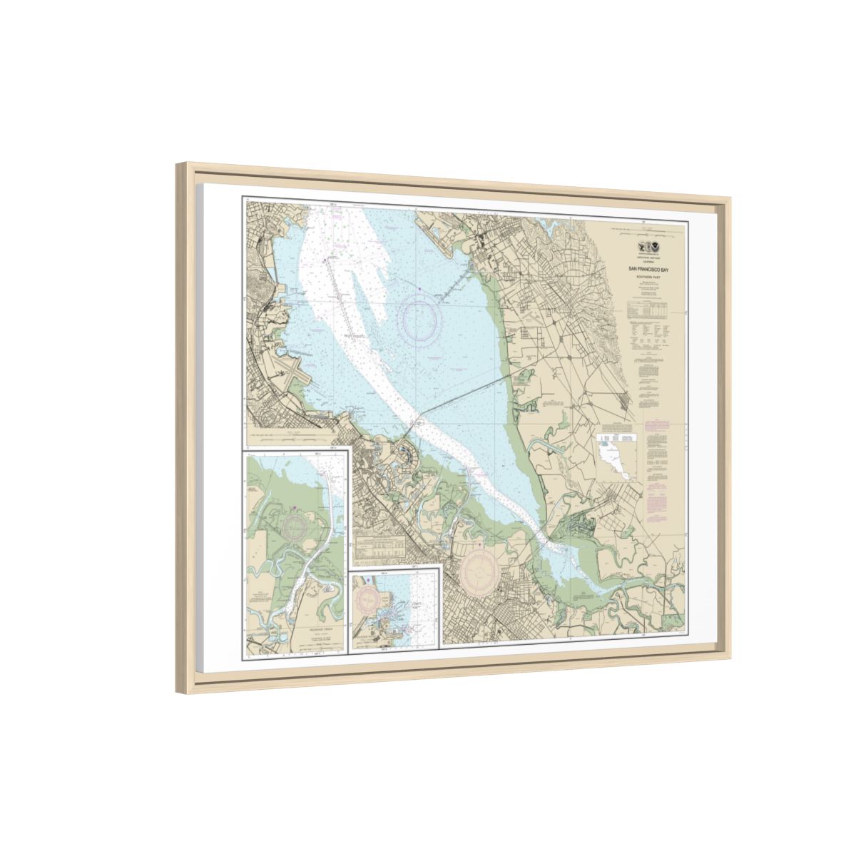 Chart 18651 San Francisco Bay-southern part;Redwood Creek.;Oyster Point - NOAA Nautical Chart Floating Frame Canvas | 32" x 24" | 40" x 30" - Natural side