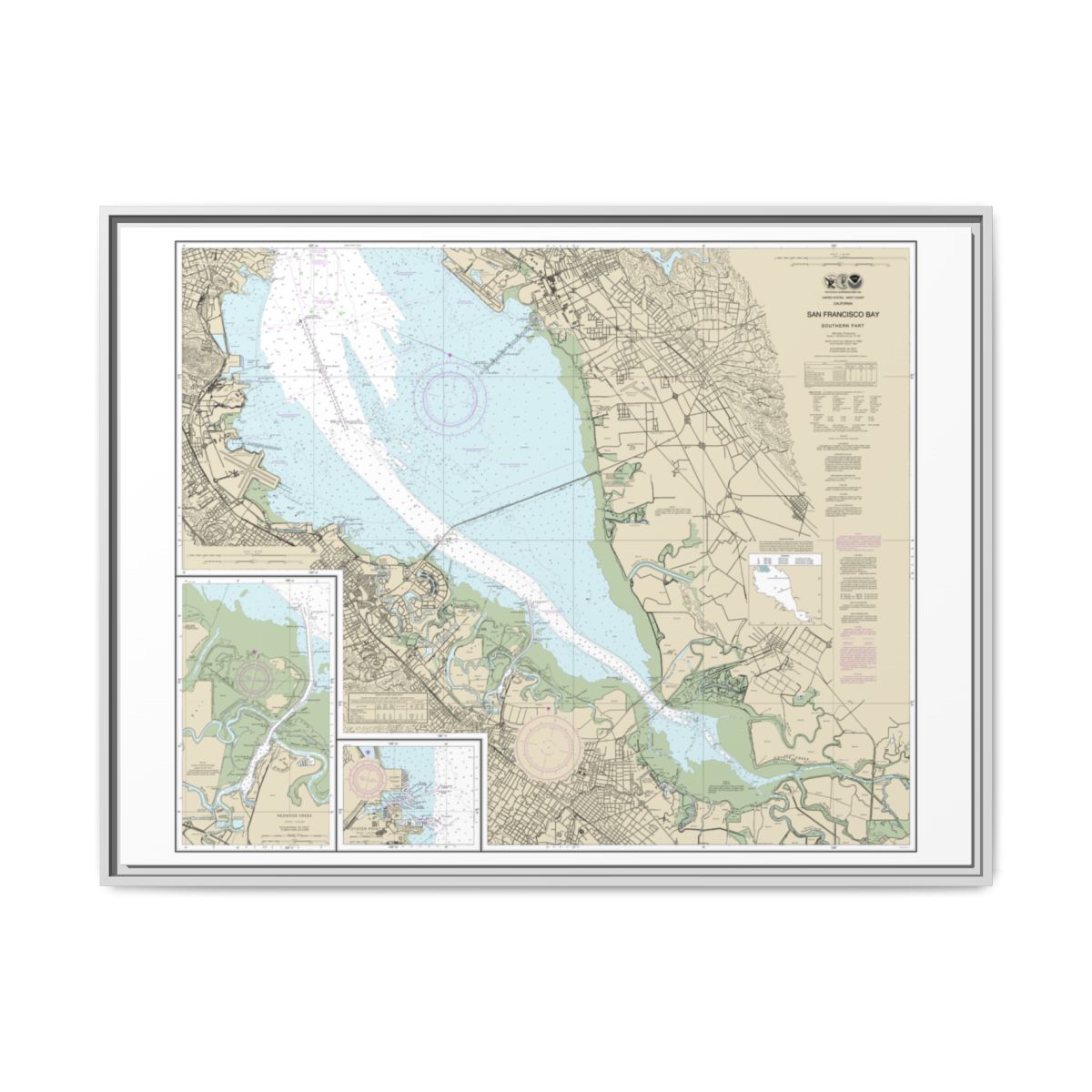 Chart 18651 San Francisco Bay-southern part;Redwood Creek.;Oyster Point - NOAA Nautical Chart Floating Frame Canvas | 32" x 24" | 40" x 30" - White front