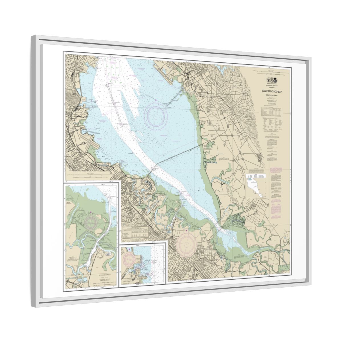 Chart 18651 San Francisco Bay-southern part;Redwood Creek.;Oyster Point - NOAA Nautical Chart Floating Frame Canvas | 32" x 24" | 40" x 30" - White side