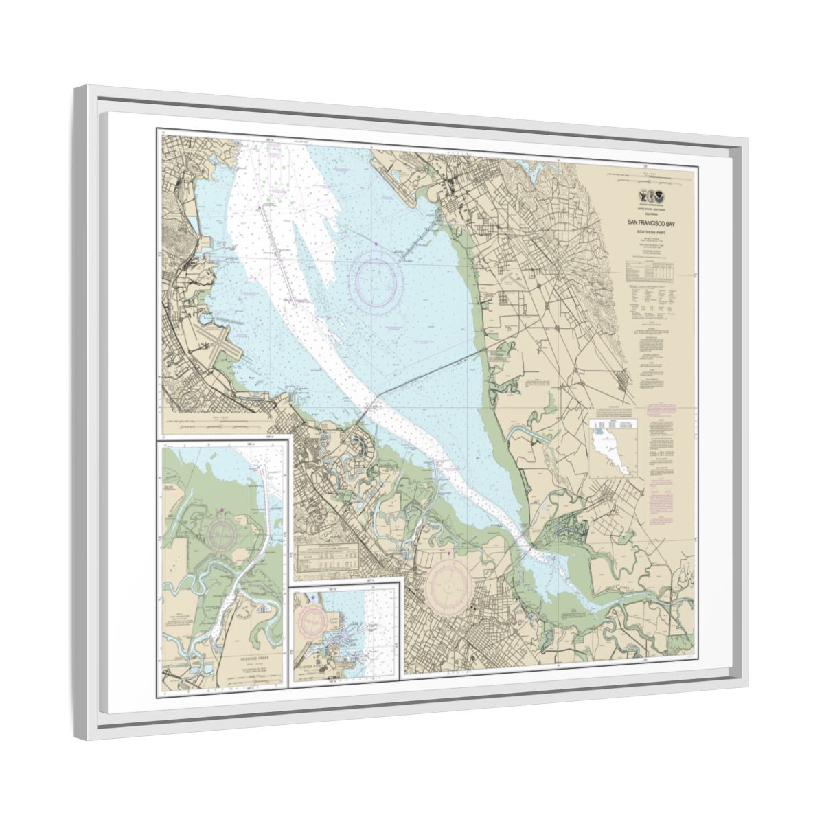 Chart 18651 San Francisco Bay-southern part;Redwood Creek.;Oyster Point - NOAA Nautical Chart Floating Frame Canvas | 32" x 24" | 40" x 30" - White side