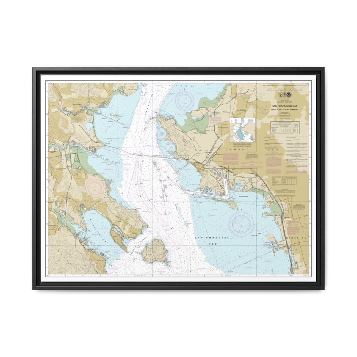 Chart 18653 San Francisco Bay-Angel Island to Point San Pedro - NOAA Nautical Chart Floating Frame Canvas | 32" x 24" | 40" x 30" - Black front