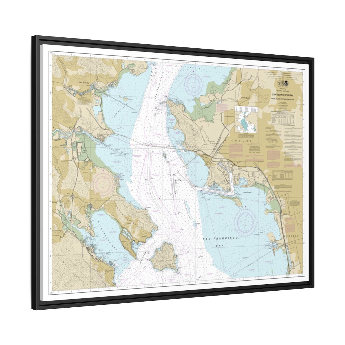 Chart 18653 San Francisco Bay-Angel Island to Point San Pedro - NOAA Nautical Chart Floating Frame Canvas | 32" x 24" | 40" x 30" - Black side