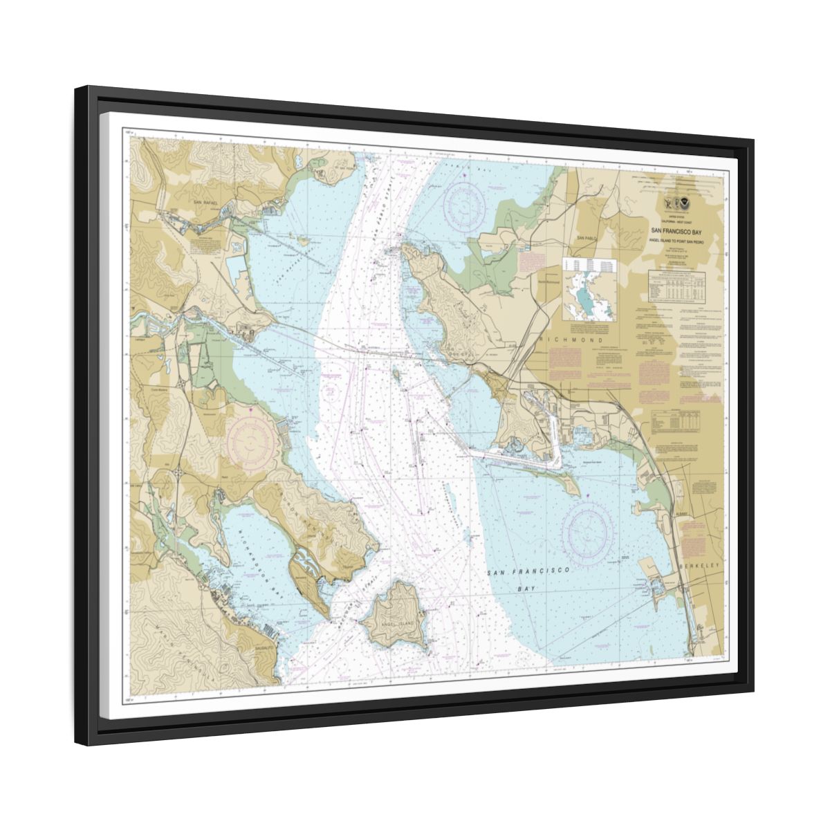 Chart 18653 San Francisco Bay-Angel Island to Point San Pedro - NOAA Nautical Chart Floating Frame Canvas | 32" x 24" | 40" x 30" - Black side